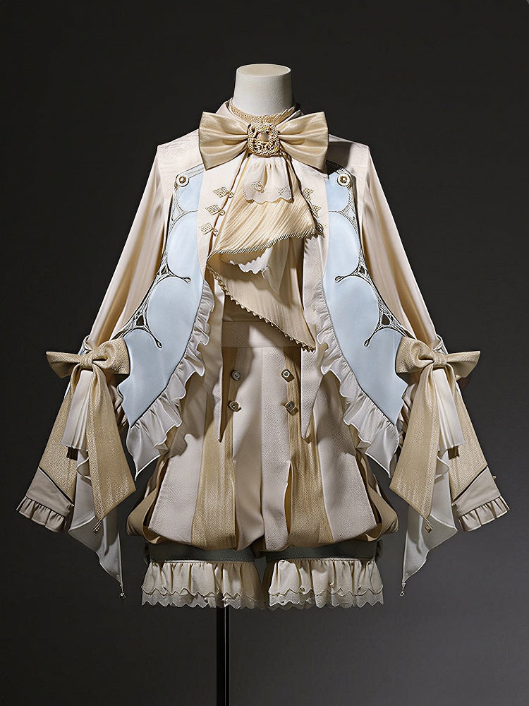 Bishop Sleeve Ouji Shirt and Striped Shorts Set with Angel Wing Collar - Unknown Star