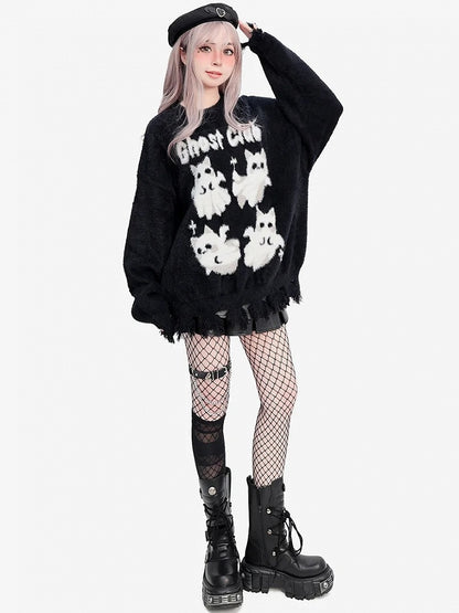 キュートなゴーストキャッツのディストレストリム ブラック ソフトセーター