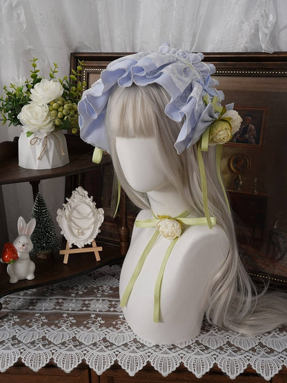 Teal & Green Frilled Headband with Flower Bow Hairpin - Moonlight Dream