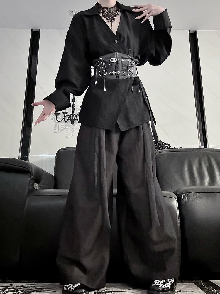 Belt Long Style Shirt Sleeve Self-tie Black Cheongsam