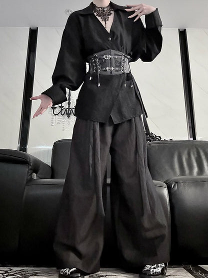 Belt Long Style Shirt Sleeve Self-tie Black Cheongsam