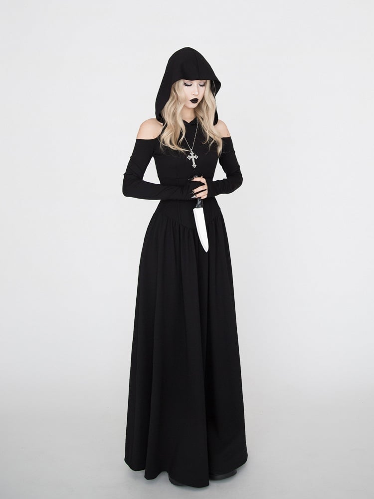 Kapuzen-Hexen-Punk-Kleid im Wasteland-Look für schwarzen Halloween-Gothic-Schulterausschnitt