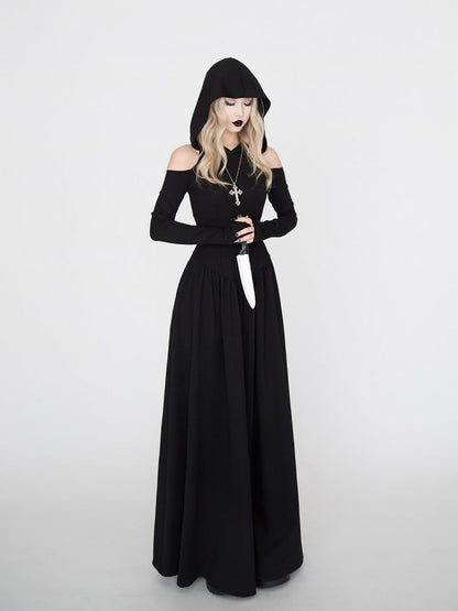 Hooded Witchy Punk Dress a Look Wasteland for Black Halloween Gothic Shoulder Cutout