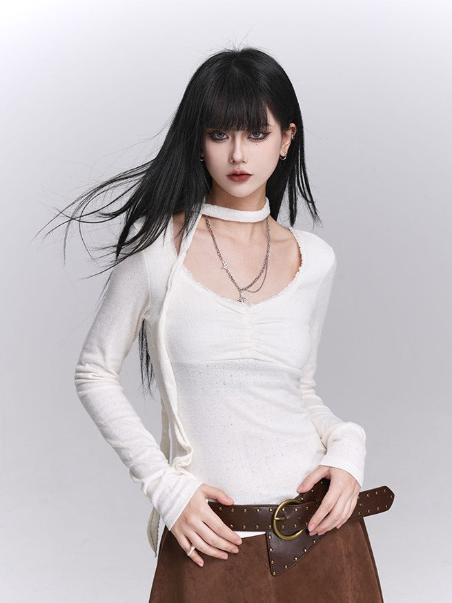 Sleeve Front Strap Ruches White U-Neck with Versatile Matching Top Long Neck