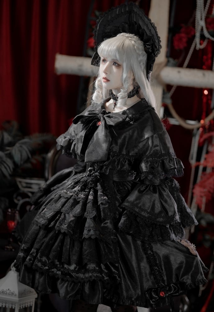 黒袖ケープドローストリングドレスレイヤードベルゴシックスカートロリータ+黒