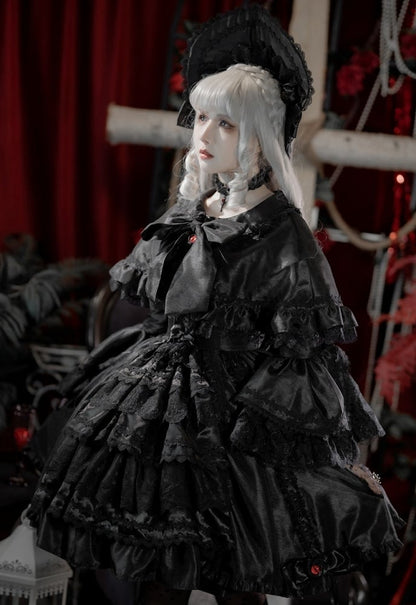 黒袖ケープドローストリングドレスレイヤードベルゴシックスカートロリータ+黒