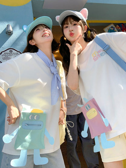 T-shirt Blue/Pink Neck Loose Cartoon Pocket White Round