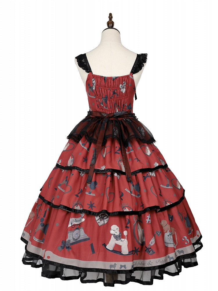 子犬と電話のプリントのティアードスカート ブラックとレッドのスイートロリータジャンパースカート