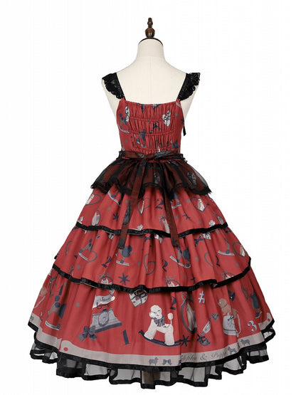 子犬と電話のプリントのティアードスカート ブラックとレッドのスイートロリータジャンパースカート