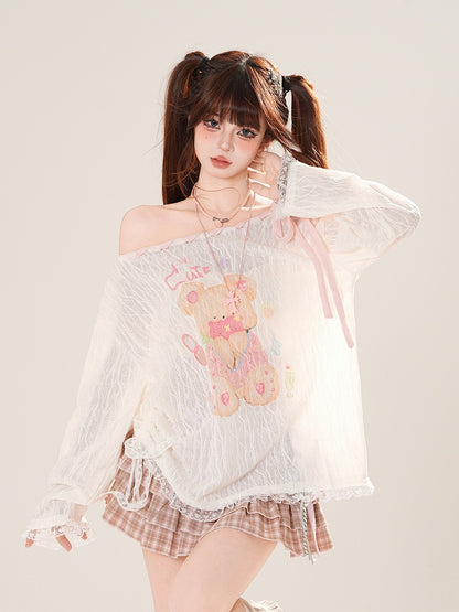 Ausschnitt-Überwurf, schulterfrei, entzückender Bärendruck, Rosa/Weiß, zum Selbstbinden