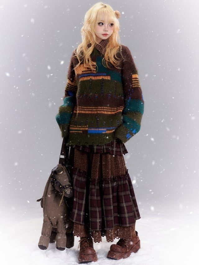 Brown Plaid Patchwork Flounce Hem Lace Skirt