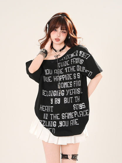 アシンメトリーネックライン レタープリント ルーズTシャツ イエロー/ホワイト/ブラック