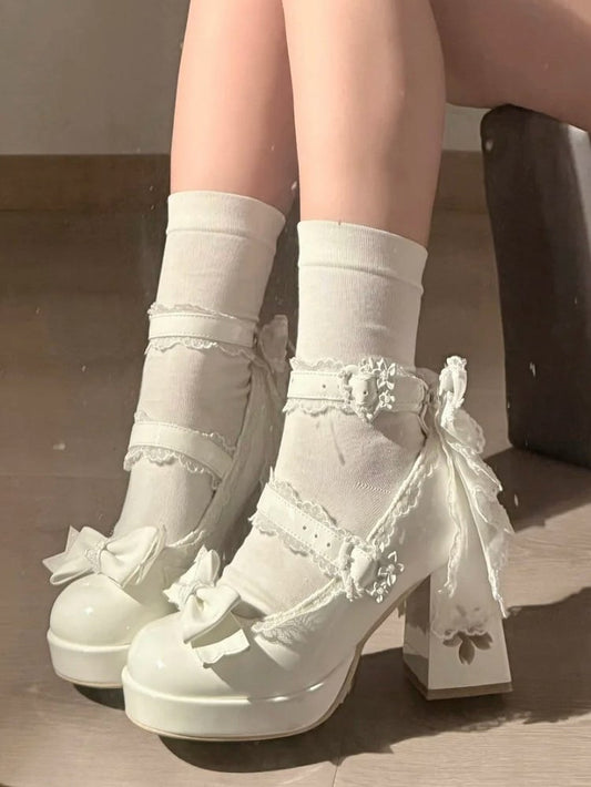 PU - Sweet Heel High Sakura Block Openwork Mary White Janes in