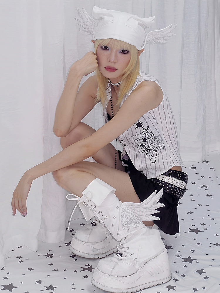 Details Leg White Angel Warmers Studded with Crisscross Punk Laces Wing