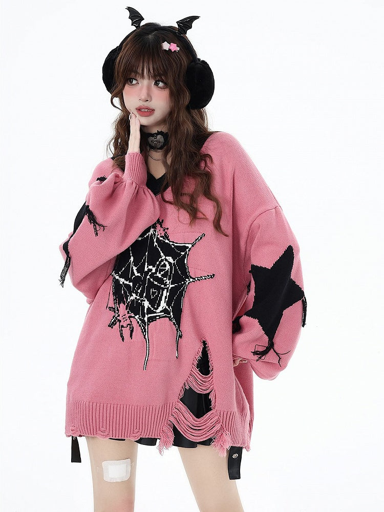 Web Spider Holes Pattern Sweater Hem Distressed Pink