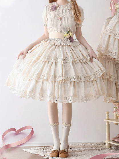 Beige Multi-layer Ruffles Elegant Lolita Skirt Floral Embroidery Details - Miss Point