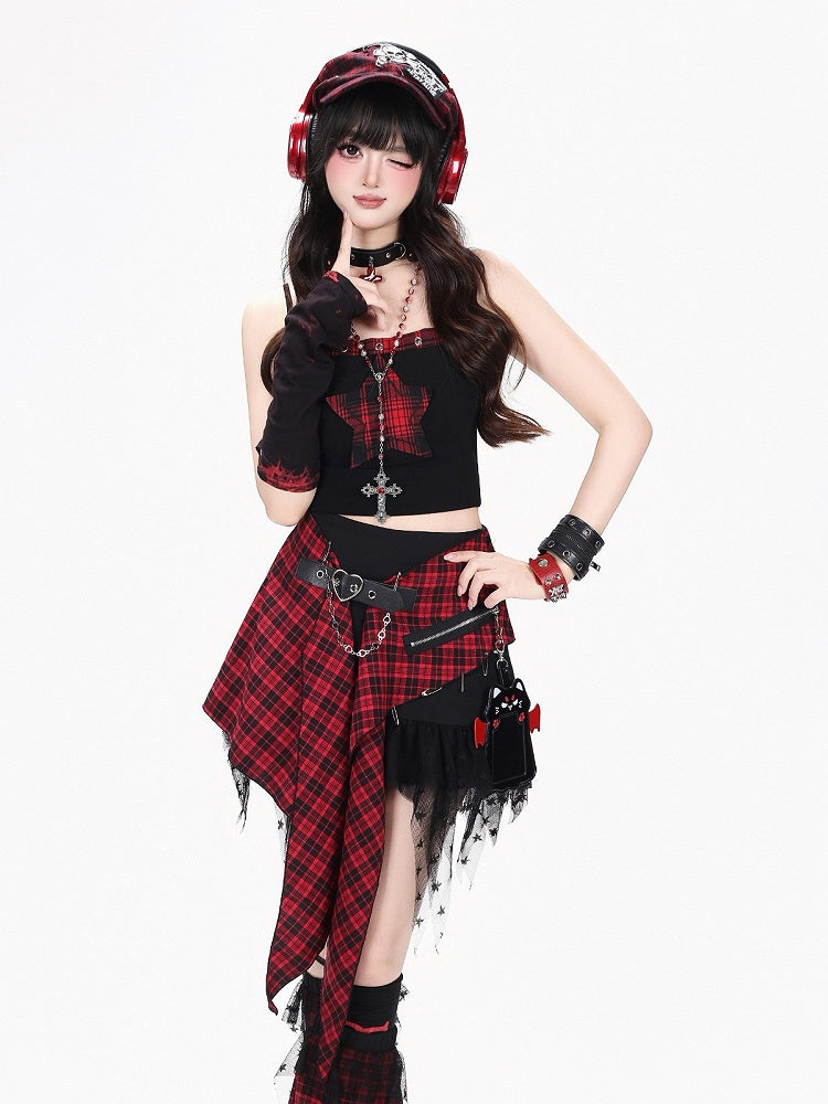 Red Black Plaid Asymmetric Skirt with Buckle - CRAZY GIRL