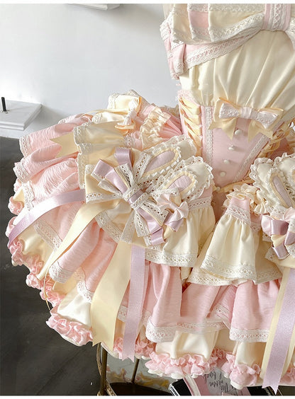 und Korsett mit Ohrenstäbchen, Schleife und Taille, rosa Rockkleid, bauschig, Hase auf süßem gelbem Design