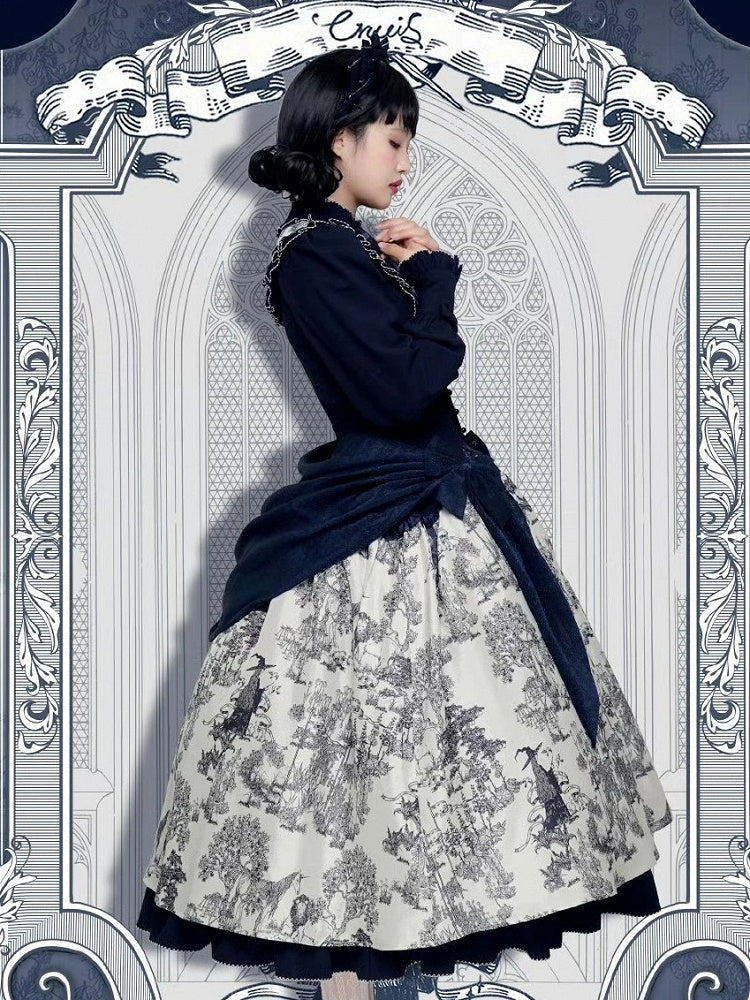 Piece Animals Lolita White Print Long-Sleeve One Dark Elegant Blue Forest