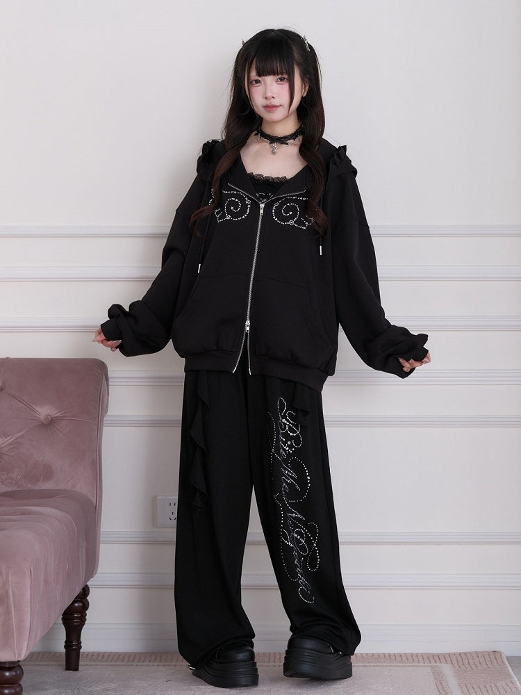 Black Straight-Leg Pants with Rhinestone Embellishment - No Genki