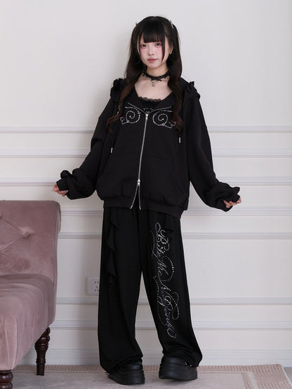 Black Straight-Leg Pants with Rhinestone Embellishment - No Genki
