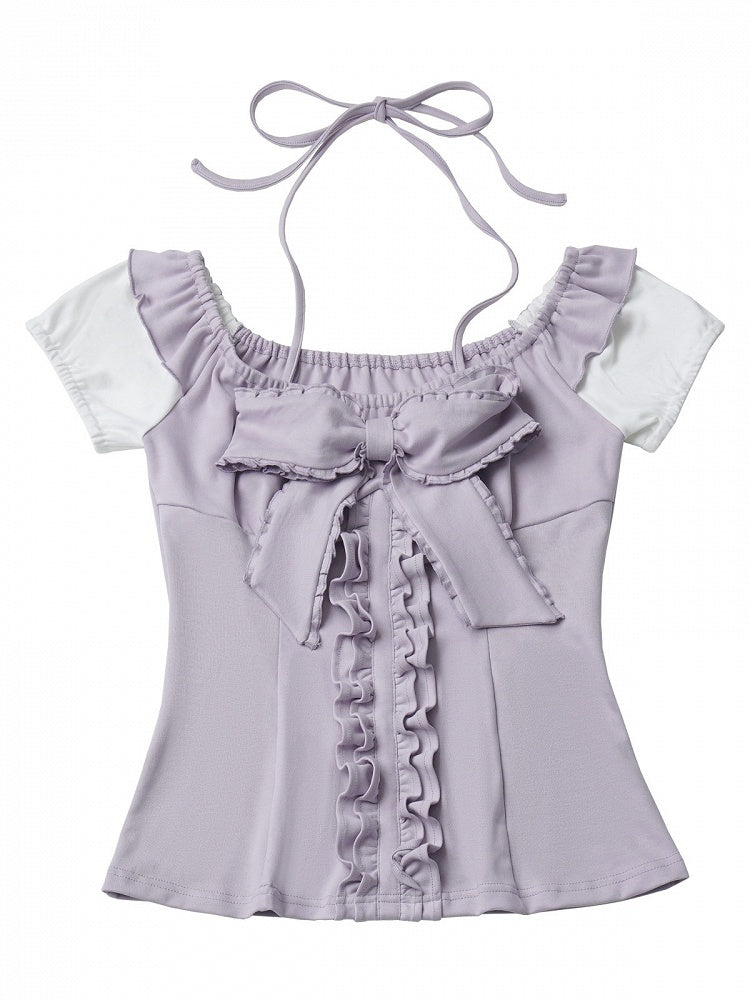 Dusty Purple Halter Ruffle Bow Top - PINK SAVIOR