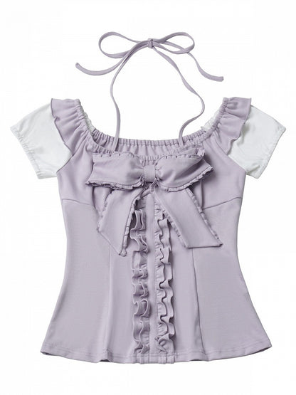 Dusty Purple Halter Ruffle Bow Top - PINK SAVIOR