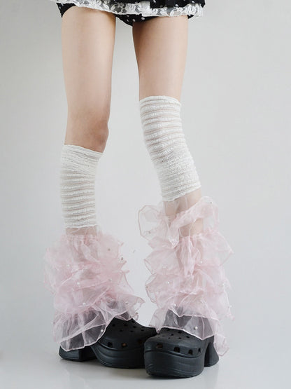 with White/Blue/Pink Ruffled Decorations Leg Warmers Multi-Layered Bead Lace