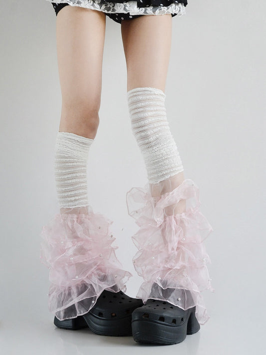 with White/Blue/Pink Ruffled Decorations Leg Warmers Multi-Layered Bead Lace