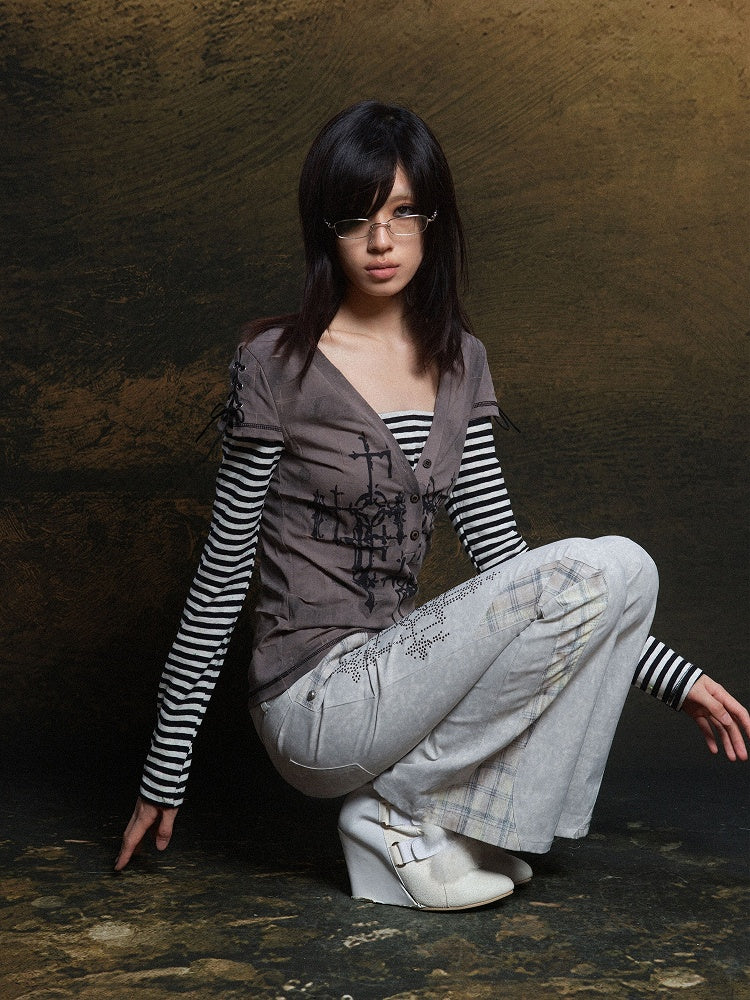 Punk Two-Piece Short Striped Sleeves Gray Khaki Faux with Lace-Up Top Motif Cross Long