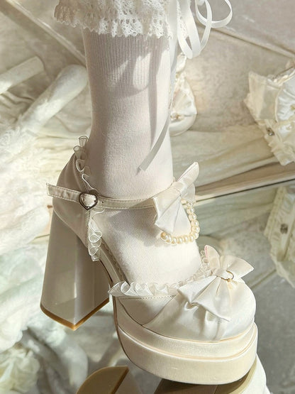 White Platform Round Toe Shoes with Pearl Chain & Lace Bow Accent 12cm Heels - Witch's Night