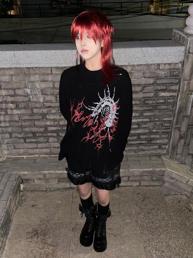 Oversized Black Long Sleeve Sweater with Distressed Holes and Centipede Print - Alita26SS