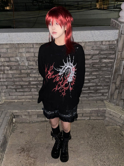 Oversized Black Long Sleeve Sweater with Distressed Holes and Centipede Print - Alita26SS