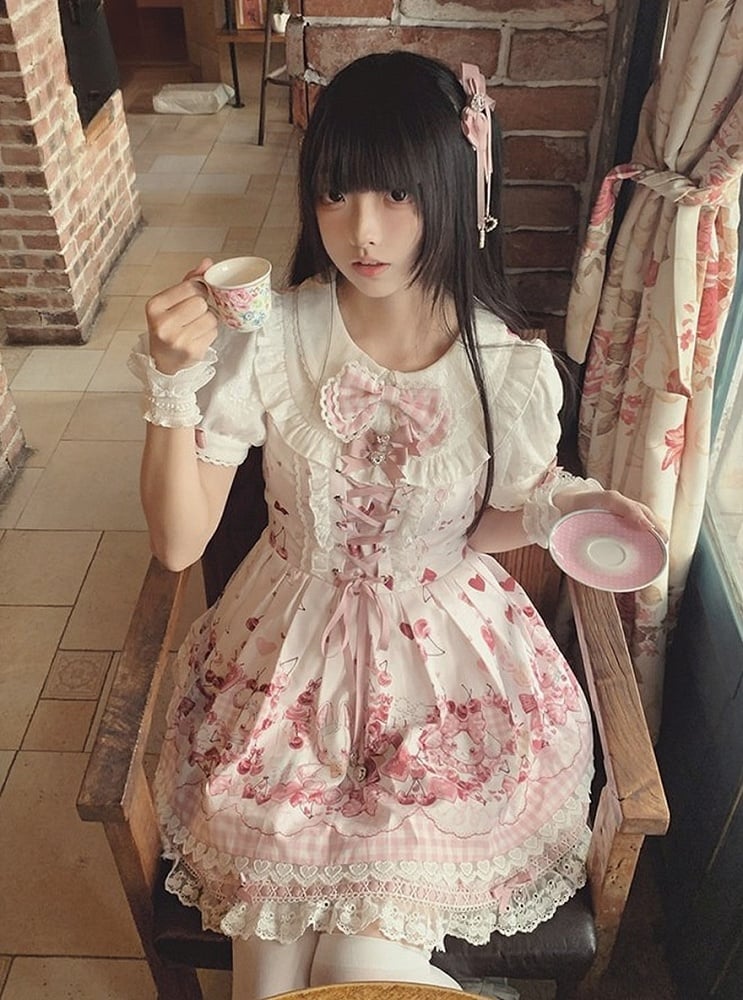 Pink Bunny and Cherry Print Short-Sleeve OP Dress with Matching Skirt - Doki Cherry