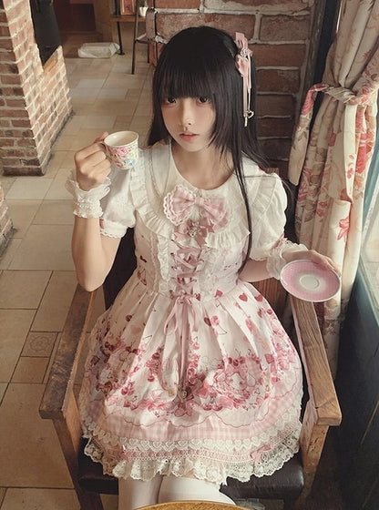 Pink Bunny and Cherry Print Short-Sleeve OP Dress with Matching Skirt - Doki Cherry