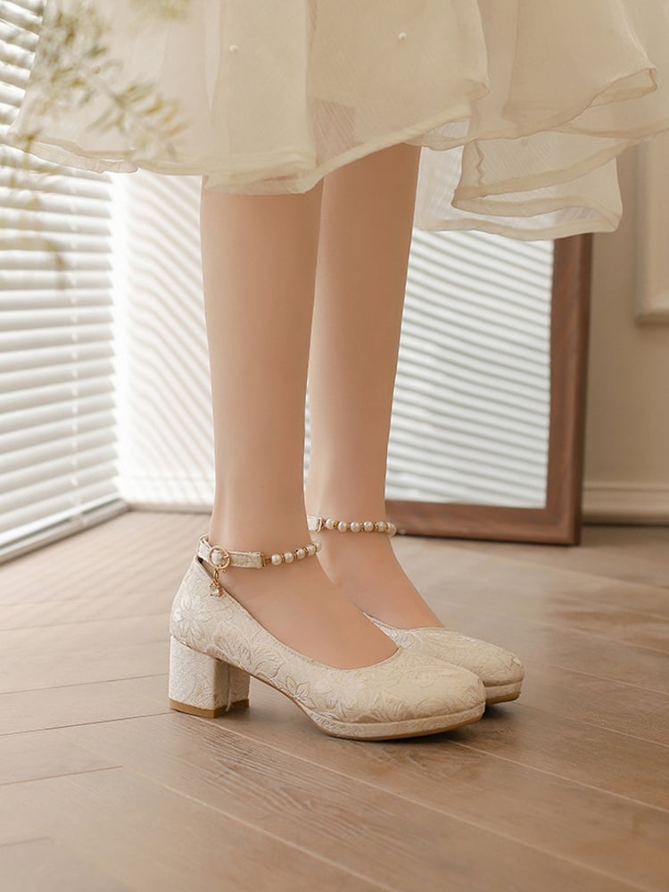 Beige Block Floral Janes Perlen 5cm Muster Mary - Heel Lolita mit Riemen Qi Satin