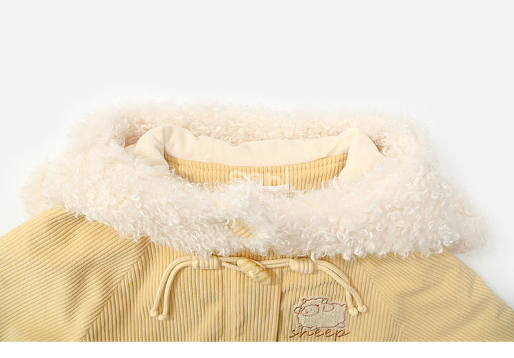Milchgelber süßer Cord-Dufflecoat mit Lammkapuze