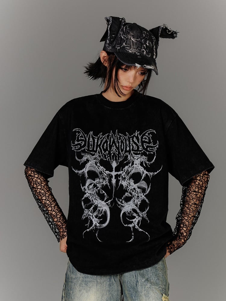 Vintage Distressed Baumwoll T-Shirt Schwarz/Weiß Wash Punk Print Verblasst