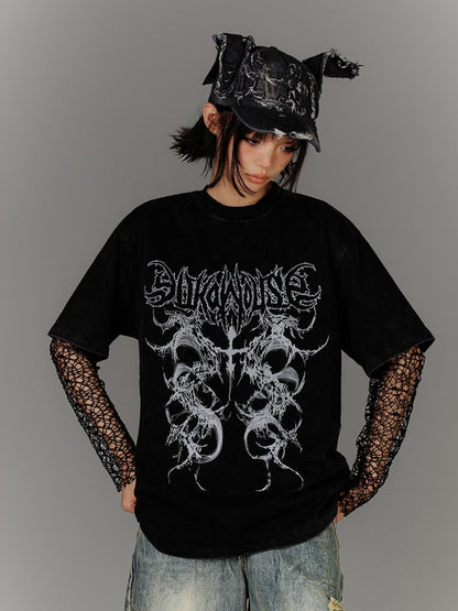 Punk Black Hollow-out Fishnet Long Sleeves Top