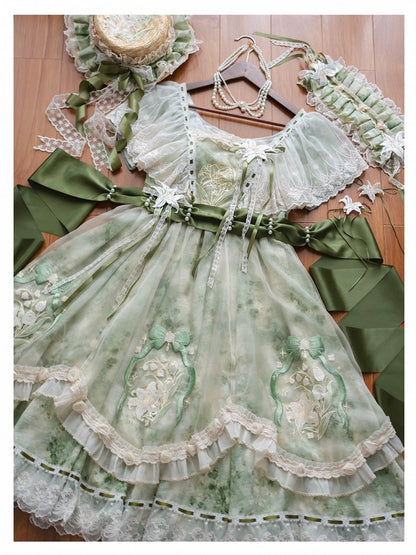 Green Lolita Long Dress Set with Flutter Sleeves & Embroidery - Lunar Radiance
