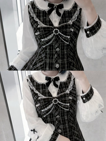 ミニドレス、ショートパンツ付き、リボンセット、取り外し可能なビッグジライケイ、ブラック、ホワイト、ツイード、ピーターパンカラー