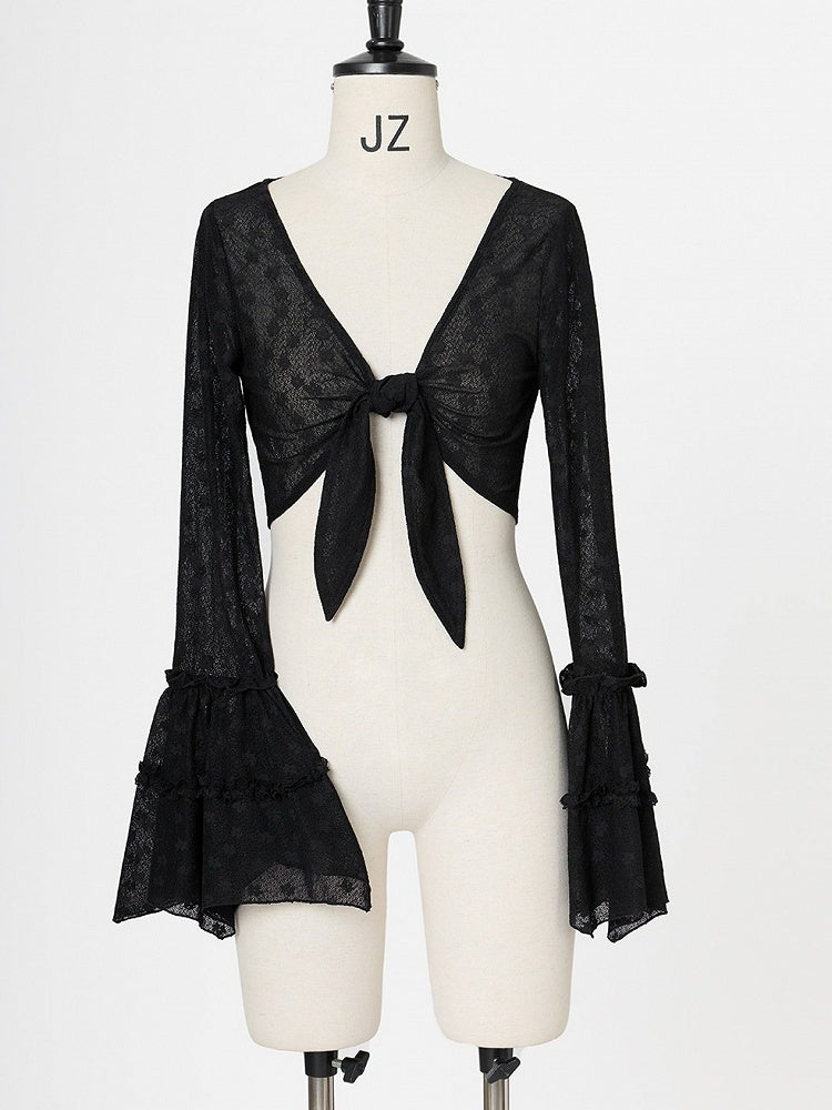 Sheer Bell Sleeve Cardigan with Self-Tie - Tan Tuan