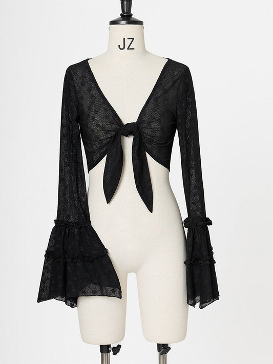 Sheer Bell Sleeve Cardigan with Self-Tie - Tan Tuan