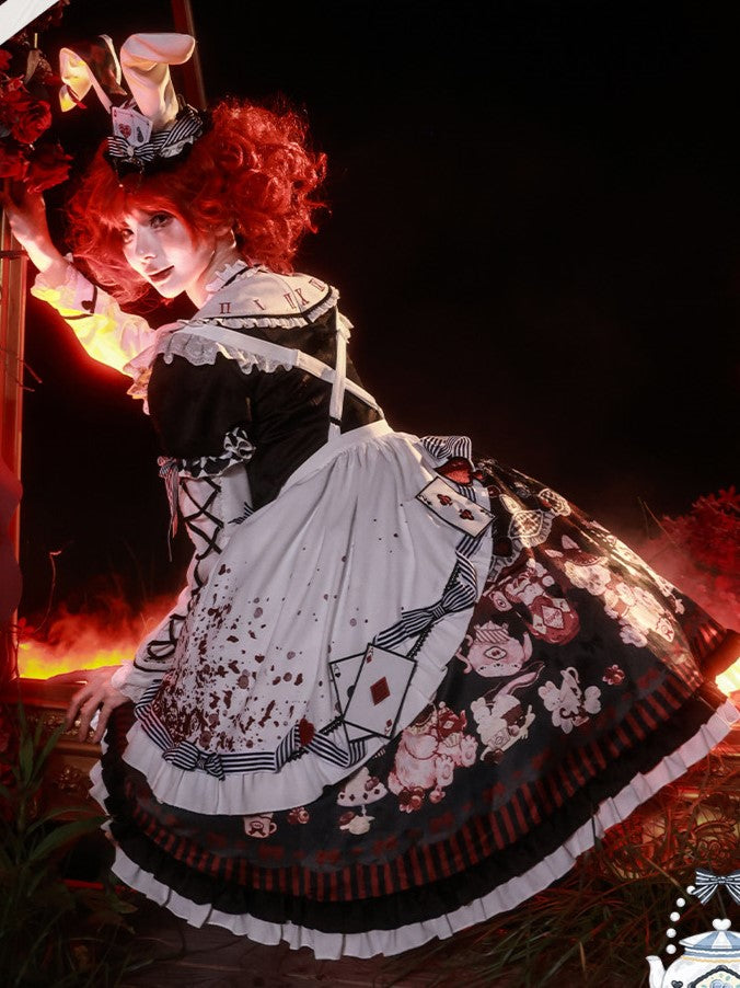 Sweet Lolita Apron Dress OP Full Set with Bunny & Teapot Print in Black and Red - Ying Luo Fu
