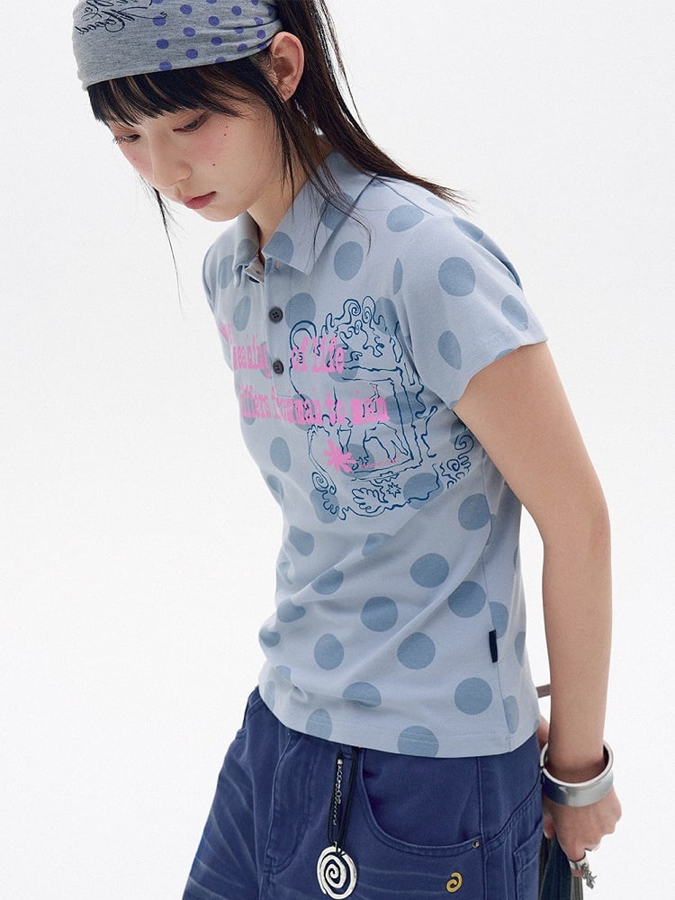 Blue Polka Dot Polo Shirt with Letter Print - innomoood