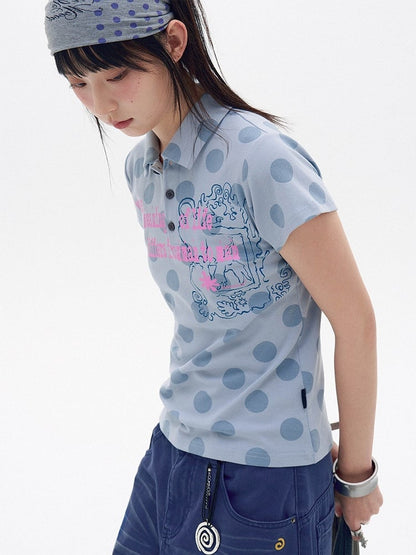 Blue Polka Dot Polo Shirt with Letter Print - innomoood