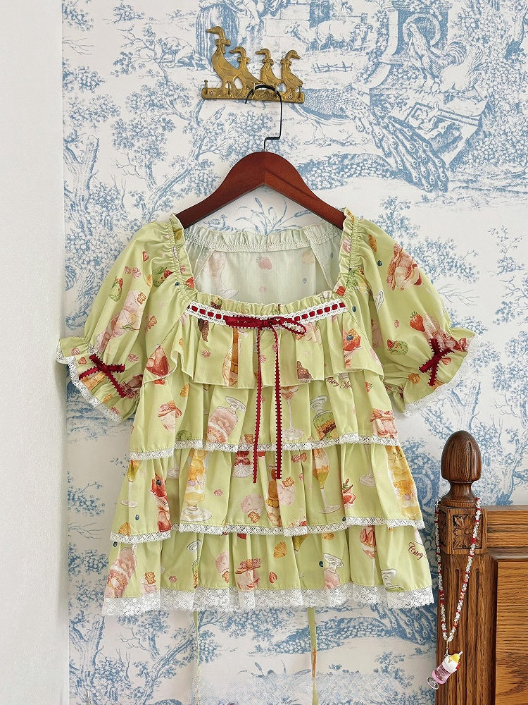Grünes Print Fruit Summer Parfait Top mit kurzen Ärmeln