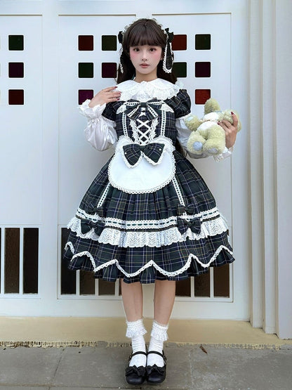 und Kleid karierte Puffärmel mit Akzenten Lolita-Schleife gewellter Rand süßes Grün