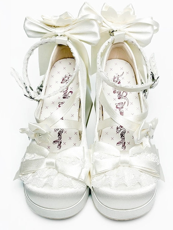 Block High with Sakura Details Bowknot White Platform Themed Satin Lolita - Heels