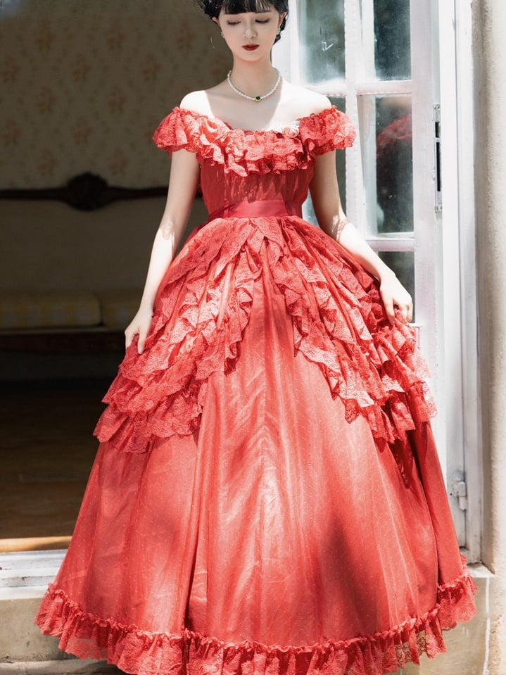 Wine Red/Pink Vintage Lace Ruffle Trim Off-the-shoulder Neckline  Dress